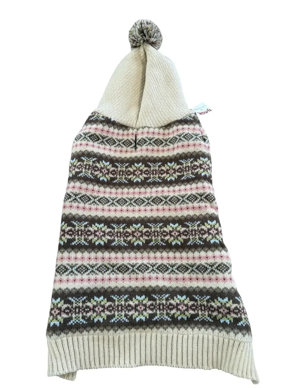 Fair Isle Hooded Dog Sweater Beige Taupe Pink M